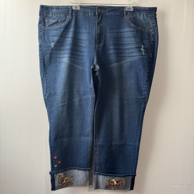 NEW Avenue Women s Ankle Jeans Blue Plus Sz 26 High Rise Floral Embroidered