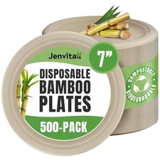 Jenvita Bamboo Eco Friendly Plates (500-Pack, 7-inch) | Sturdy & Microwave Sa...