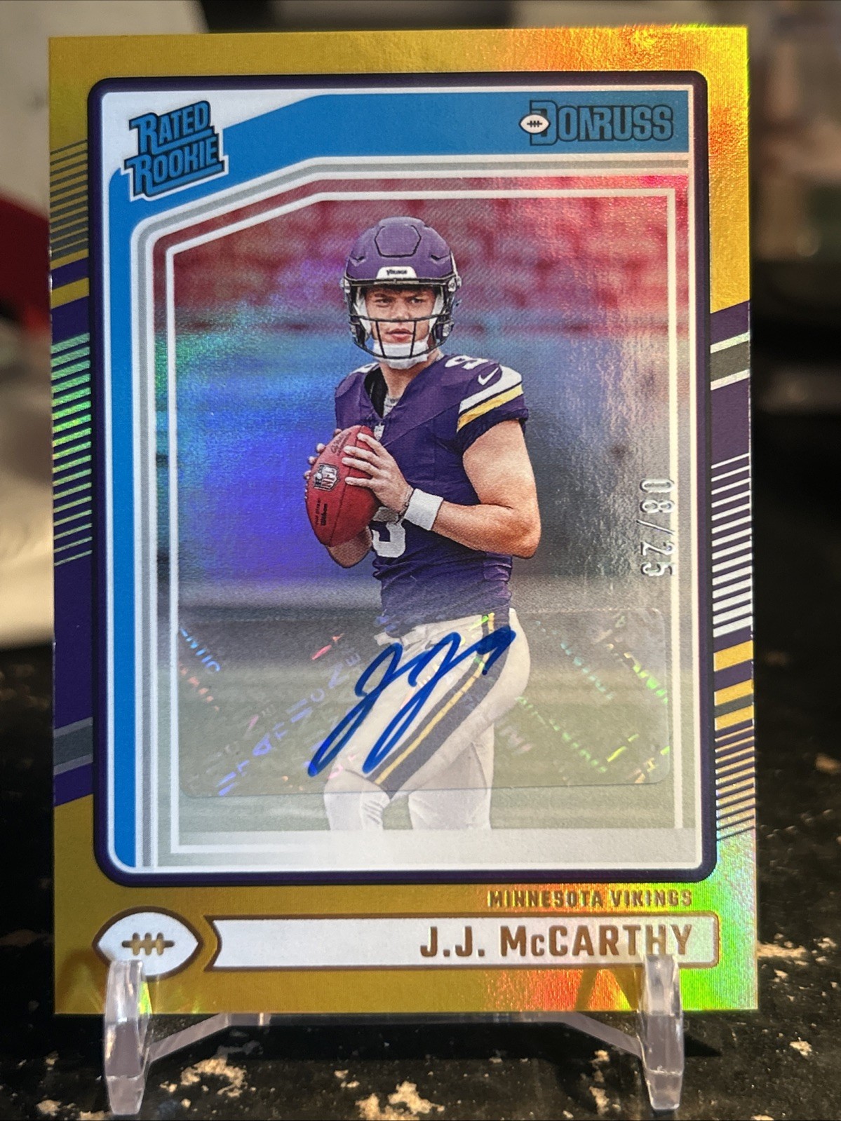 2024-25 J.J. McCarthy Donruss Rated Rookie Gold RC Autograph /25 Vikings