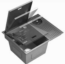 Black Stainless Steel Rectangular Single Bowl Kitchen Sink w/ Cup Washer Drain