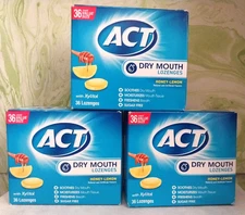 3X -  ACT Dry Mouth Lozenges w/Xylitol Sugar-Free HONEY LEMON 36pcs (each box)