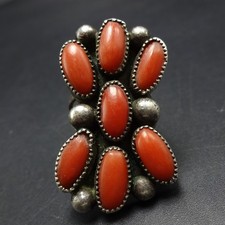 Vintage 1960s OLD RED MEDITERRANEAN CORAL CLUSTER Sterling Silver RING size 7