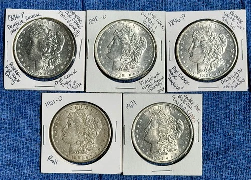 BU Morgan Silver Dollars Lot of 5 1886-P, 1896-P, 1898-O, 1901-O, 1921-P ERRORS