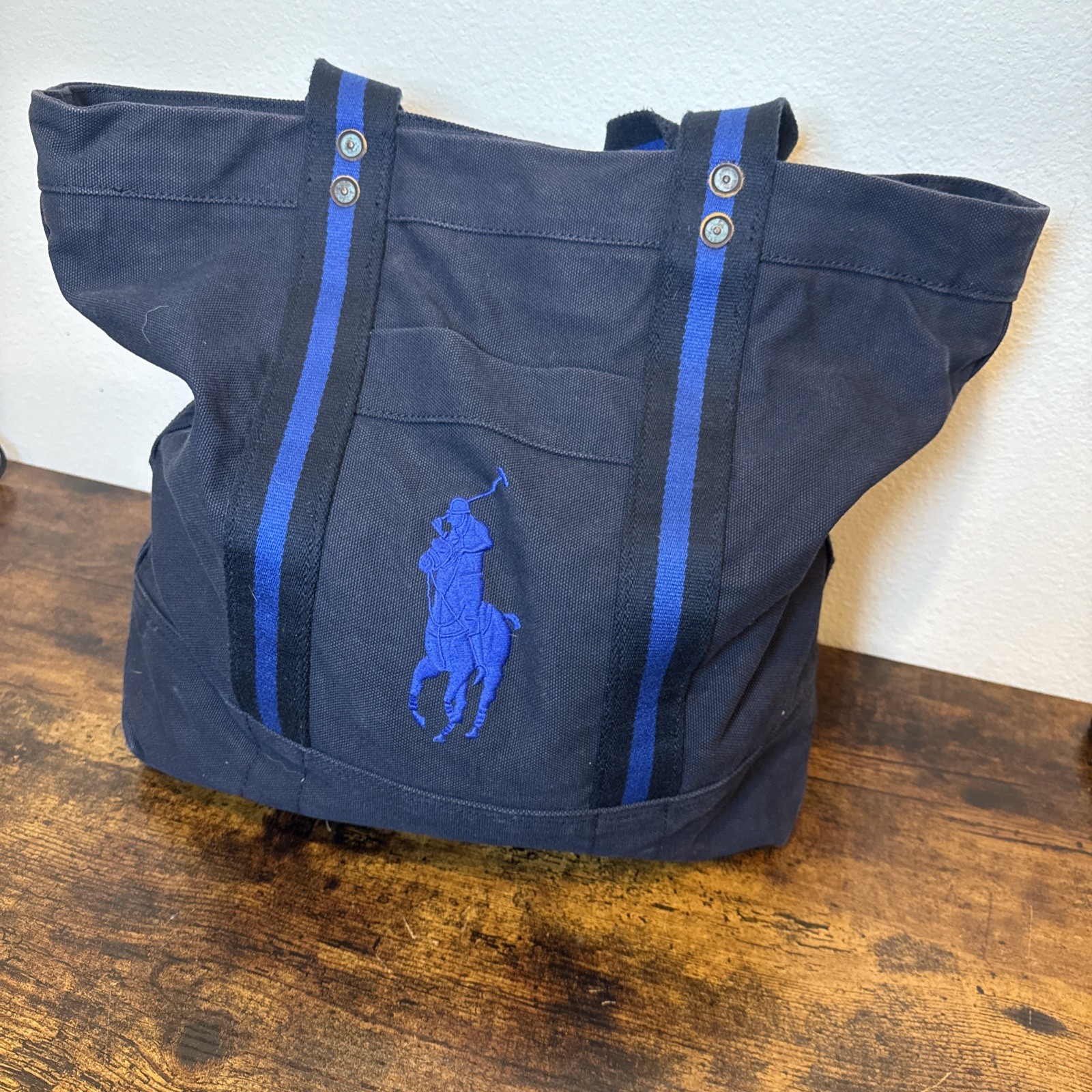 Borsa Polo Ralph Lauren Tote Bag Tela Pesante Blu Navy Big Pony Zip Distress