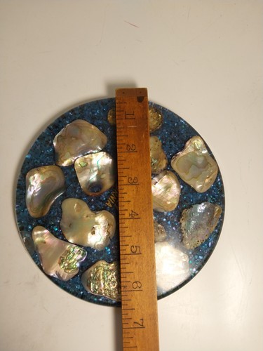 Vintage Abalone Shell Lucite Trivet Hot Plate Round MCM Blue Monterey California - Picture 7 of 7