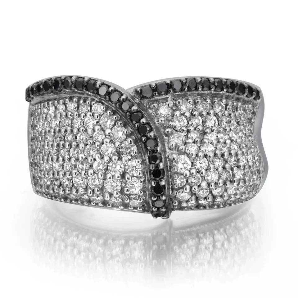 Salvini White & Black Diamonds Cocktail Band Ring 18K White Gold 1.40 Ctw SZ 6.5