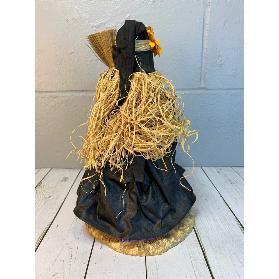 Vintage Halloween Witch Figurine with Broom, Pumpkins, & Spider Bag Decor - Image 3 of 4