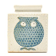 Jarrón de cerámica escandinava búho estudio cerámica blanco azul cuadrado relieve trabajo 20C