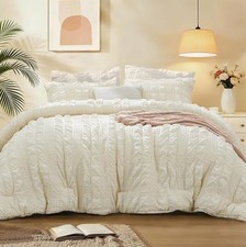 Queen Comforter Set, Seersucker Bedding Set 3 Pieces, Cream