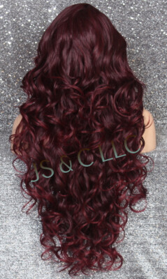 Human Hair Blend Mono Top Full Lace Front Wig Curly Burgundy  display picture 1