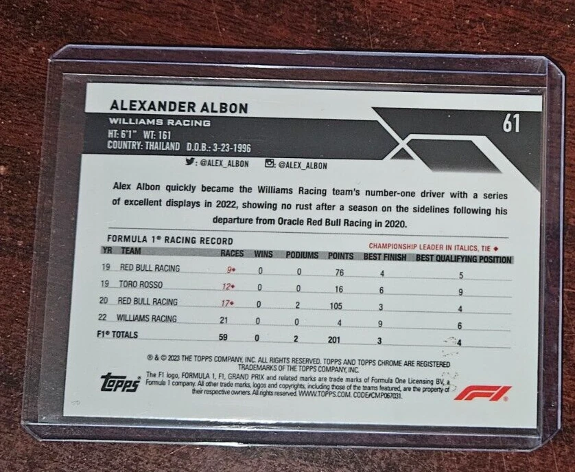 2023 Topps Chrome Formula 1 Sapphire Alexander Albon 61 Gold Refractor /50 - Image 2 of 2