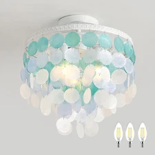 13.8" Natural Capiz Shell Chandelier 3 Light Mini Chandelier Boho Ceiling Light 