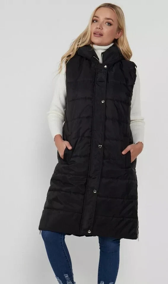 WOMENS BLACK LONG LINE HOODED PUFFER GILET JACKET LADIES PADDED BODY WARMER UK - Image 4 of 4