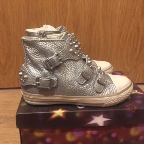 ASH FROG Silver Leather & Studs Hi-Tops Sneakers - UK 11 /EU 30/ US 12  - £119 - Picture 1 of 7