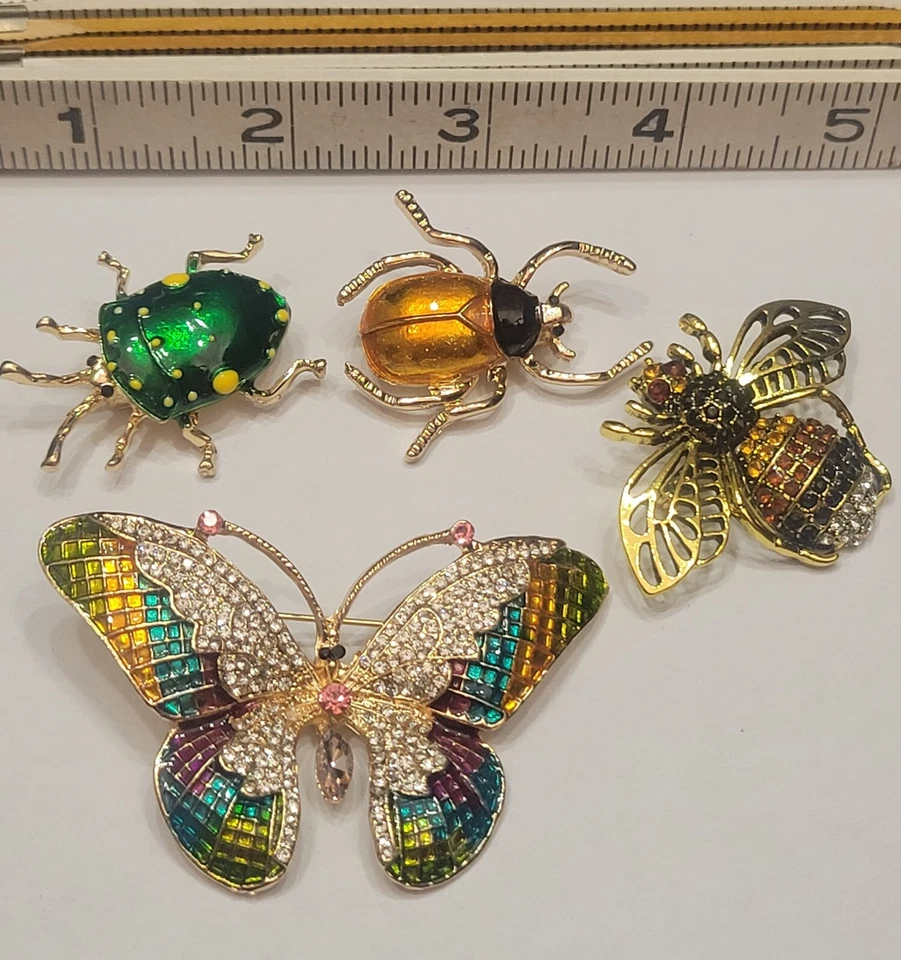 4pc Gorgeous Rhinestone Butterfly Queen Bee Enamel Beetles Brooch Pin Lot P171-2 - Image 2 of 4