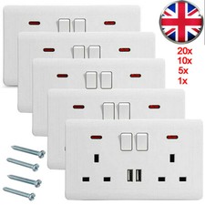 1-10x Double Gang Wall Socket 13A With 2 USB Charger Ports Plug Switched Socket