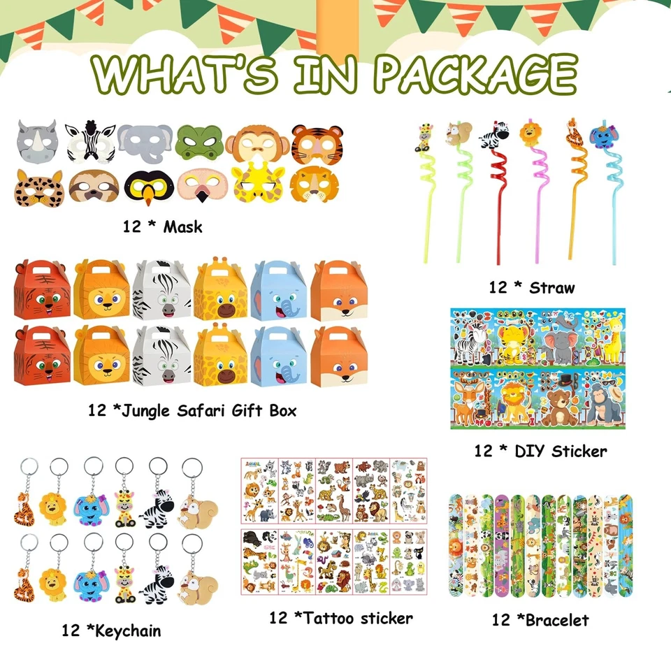 Juego de 7 tipos de favores de fiesta de safari en la selva 84 piezas decoraciones de cumpleaños de safari para... Foto 2 de 4
