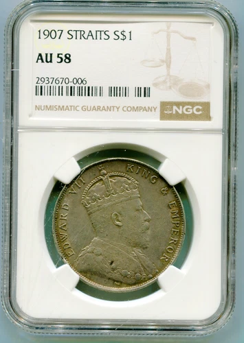 Straits Settlements One Dollar 1907 KM-26 NGC AU 58 very are so nice  lotjun9959