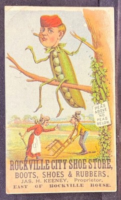 VEGETABLE PERSON TRADE CARD MAN  PEA POD BODY IN TREE & COUPLE BELOW FIGHTING