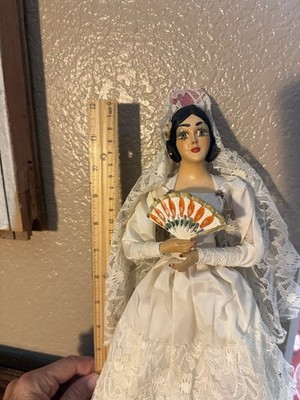 Vintage Flamenco Dancer Mexican Bride Doll With Fan And White Lace Dress