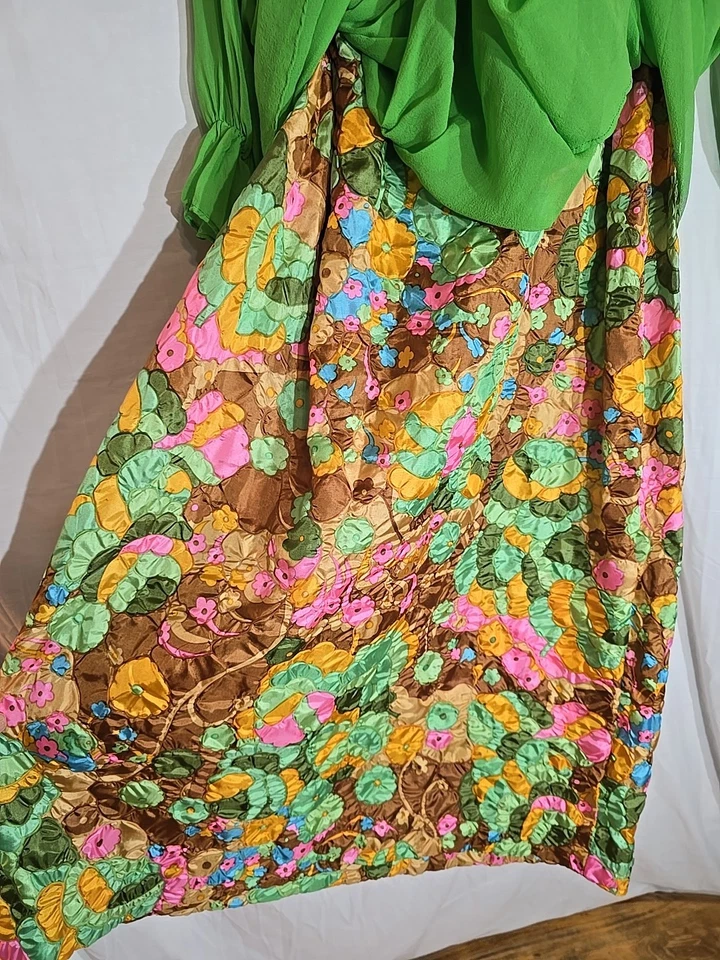 1960s Evening Gown Green Shear Psychedelic Bell Sleeve Mod Dress size Medium  - Image 3 of 4