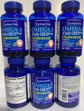 6 x Puritan's Pride Omega-3 Fish Oil Plus Cholesterol Support - 60 Softgels