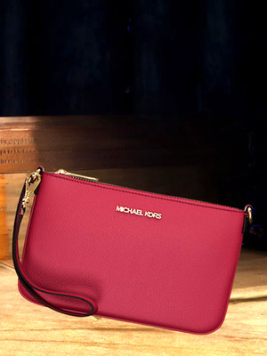 Michael Kors Jet Set Women MK Small Pebbled Leather Clutch Wristlet Bag Cherry
