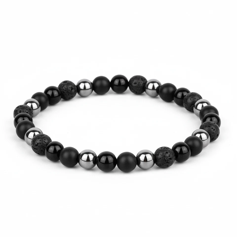 Bracciale in Pietra Lavica Nero Acciaio Argento Pietre Perle braccialetto Uomo - Immagine 3 di 4