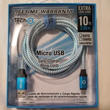 NIB Tech 361 10ft Micro USB Sync Charge Bling Cord Cable Lifetime Warranty Blue