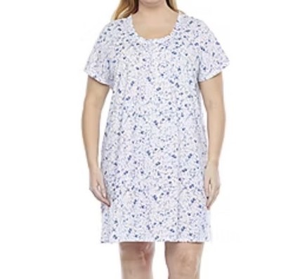 NWT Women's 1X Adonna White & Blue Floral Vintage Ditsy Short Sleeve Nightgown