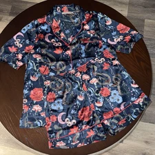 THEIR NIBS Sexy Satin 2 Pc Pajama Set Medium Top & Short Blue Floral Buttons NWT