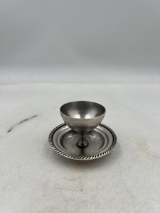 Silver Tone Pedestal Salt Cellar Egg Cup with Attached Underplate Rope Edge