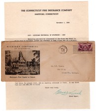 #775 Michigan Centenary 1935 FDC - Planty #21 Variety Connecticut Fire w/ Letter