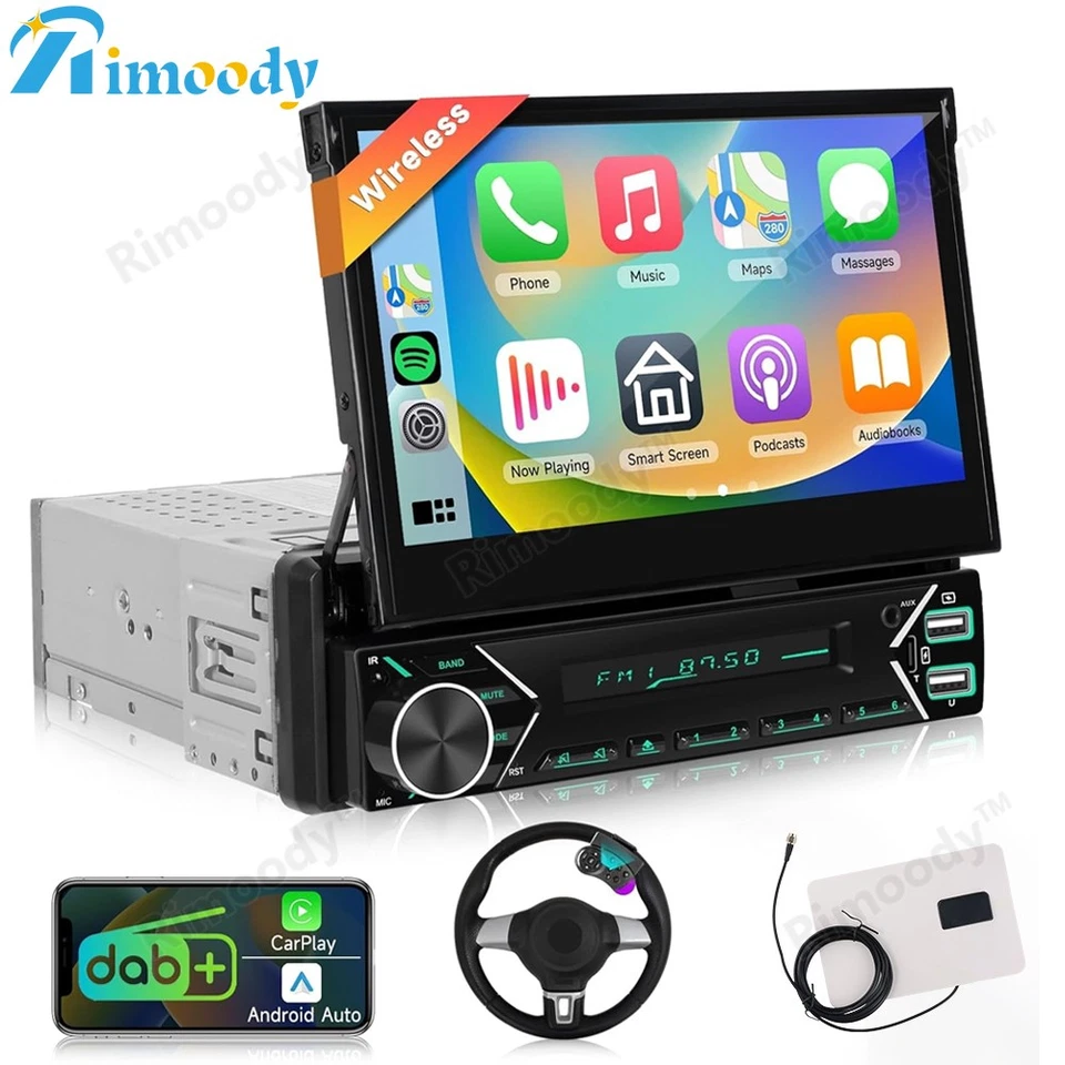 RIMOODY 1 DIN 7" Elektrischer Flip Out Autoradio mit DAB+ Wireless Carplay Android Auto