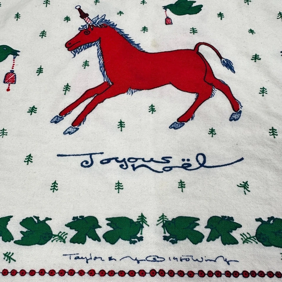 Toalla de cocina navideña Taylor & Ng 1980 de colección unicornio Joyeux Noel rojo verde Foto 3 de 4