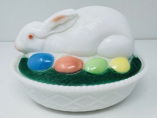 VTG Westmoreland Milk Glass Rabbit Bunny on Nest Colored Eggs Candy Dish READ