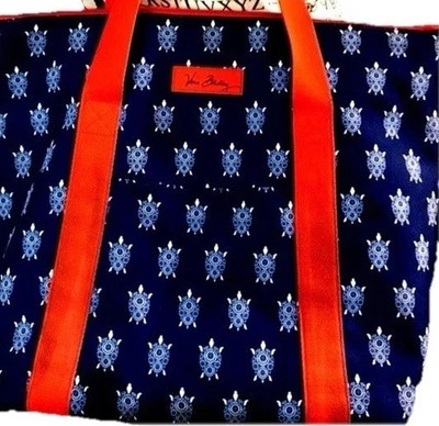 Vera Bradley Large Tote Blue Turtle Print Red Straps Beach Bag Read