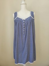 Eileen West Blue White 100 Cotton Sleeveless Midi Nautical Costal Nightgown Sz M