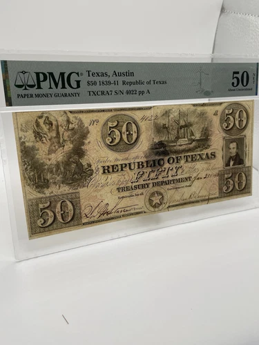 1839 $50 The Republic Of Texas Treasury Note (PMG 50) - Picture 2 of 6