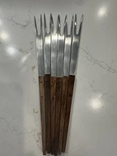 Vintage Set of 6 MCM Wood Handled Fondue Forks Stainless Steel  JAPAN