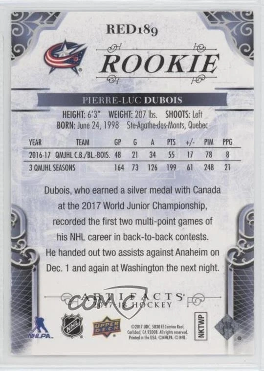 2017-18 Upper Deck Artifacts Rookie Redemptions Emerald /99 Pierre-Luc Dubois RC - Image 2 of 2