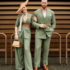 Peak Lapel Men's Suits Green 2Pcs Double Breasted Casual Dinner Fashionable Coat