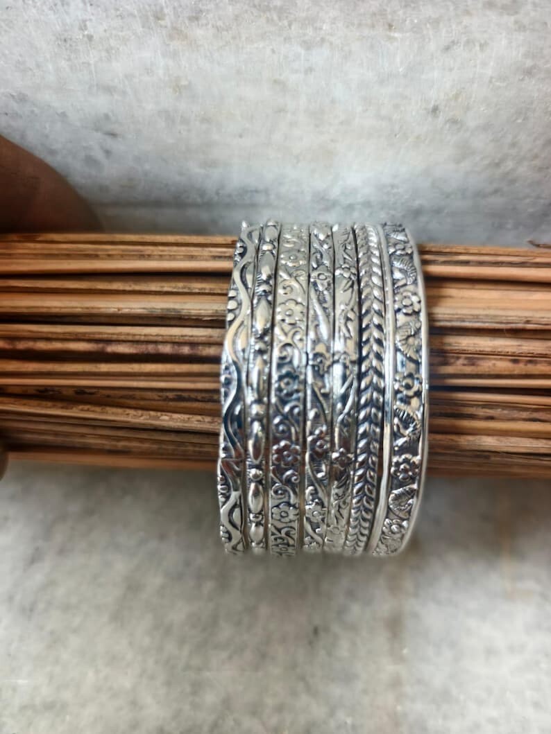Solid 925 Sterling Silver Bangles, Hammered Bangles Stacking Set of 7 Bangles View 3