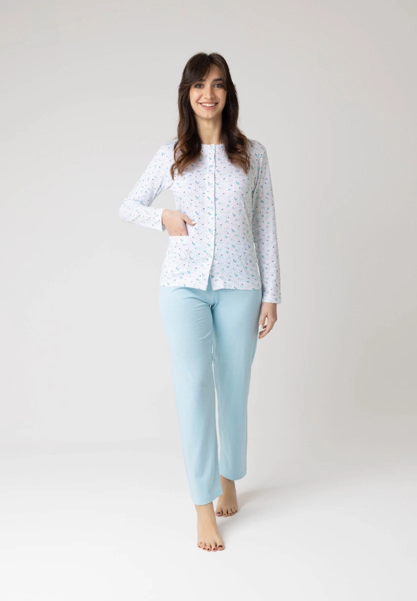 Set Pigiama Donna Cotone Morbido - 2 Pezzi Con Scollo A V E Bottoni - Traspirante E Comodo - Floreale