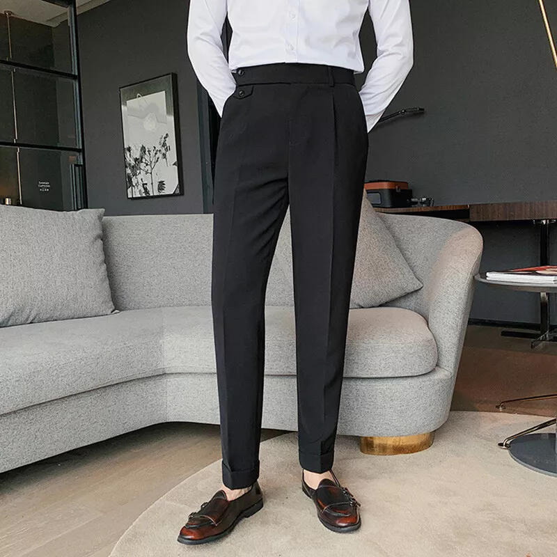 Men High Waist Pleated Pants Straight Leg Tapered Trouser Slim Soft Casual  Solid