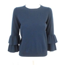 Ann Taylor Teal Blue Sweater Womens M Ruffle 3/4 Sleeve Crew Neck