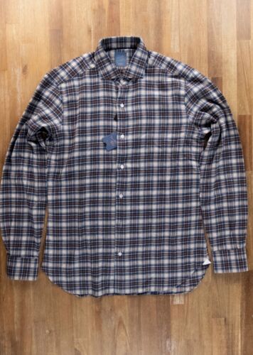 BARBA Napoli Dandy Life blue & brown plaid flannel cotton shirt Size 40 / 15.75