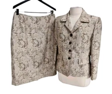 SUIT STUDIO Womens Skirt Suit Sz 12 Beige Floral Button Up Blazer Mini Skirt 54A