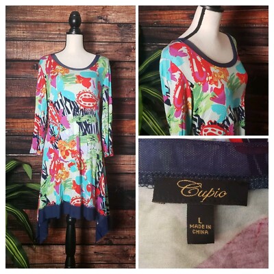 Cupio Shirt Dress Large Multicolor Abstract Cropped Sleeves Mesh Trim Viscose