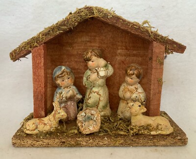 Vintage Miniature Porcelain Nativity Set In Wooden Manger